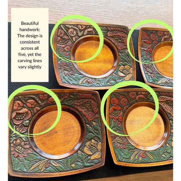 [Like New] Japanese Hand-Carved Wooden Saucers, Floral Motifs, Signed, Set of 5 - Picture 5 of 13